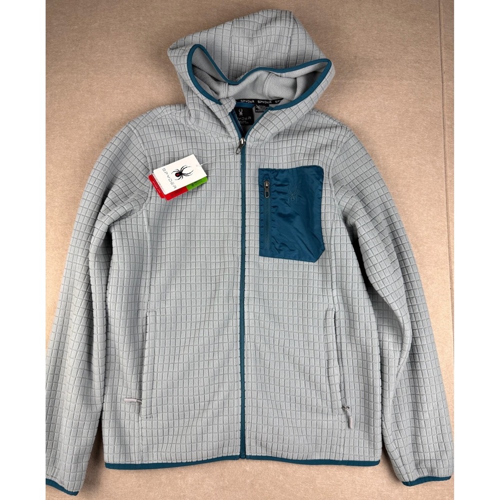 Spyder Jacket Mens S‎ Gray Grid Fleece Full Zip Hoodie Outdoor Thermal